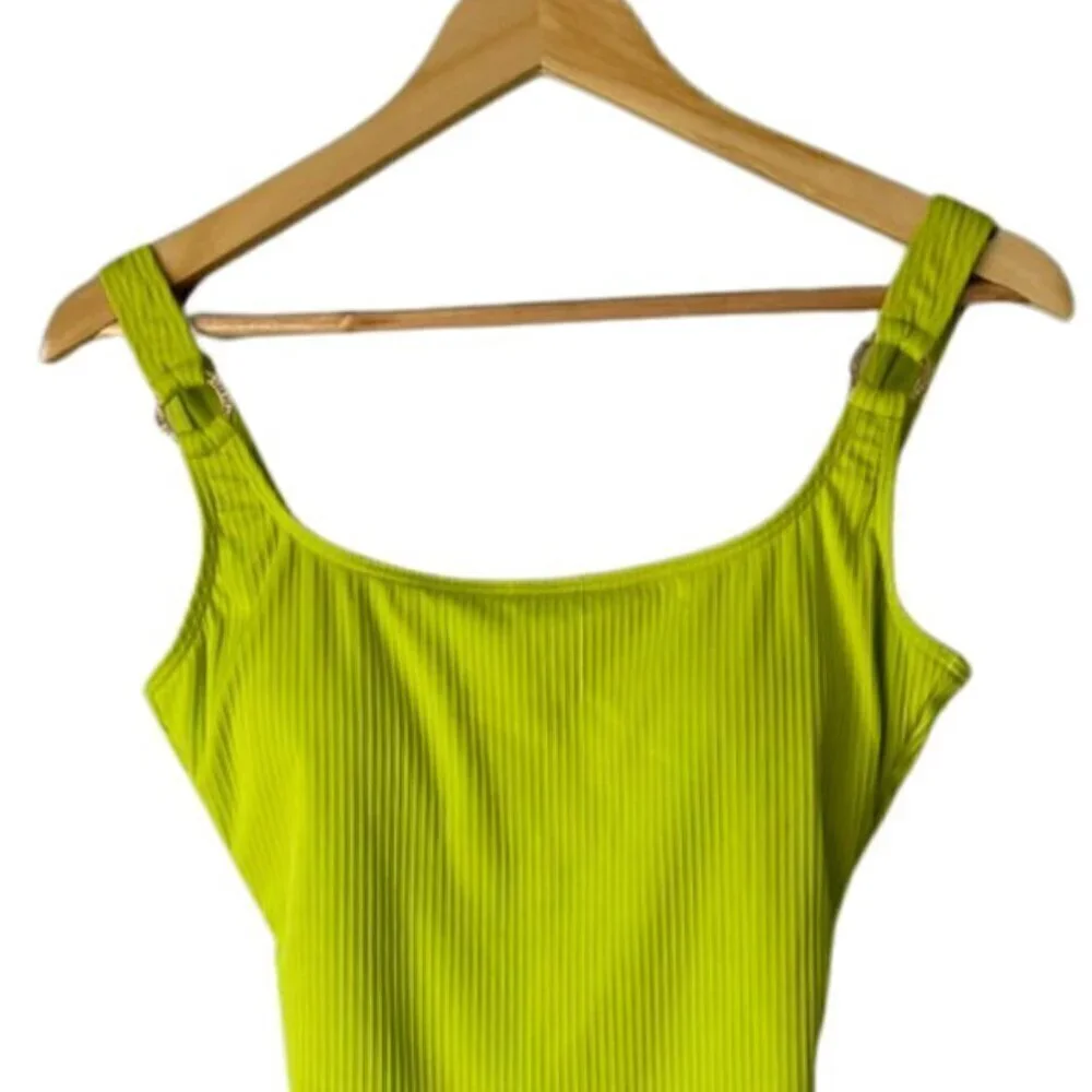 Michael Kors Vibrant Lime Green Ribbed One-Piece Swimsuit, Gold Accents, Small